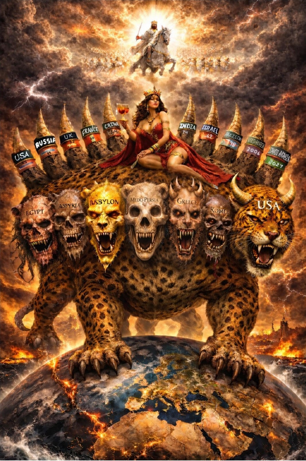 Seven-headed beast, woman with chalice, ten horns