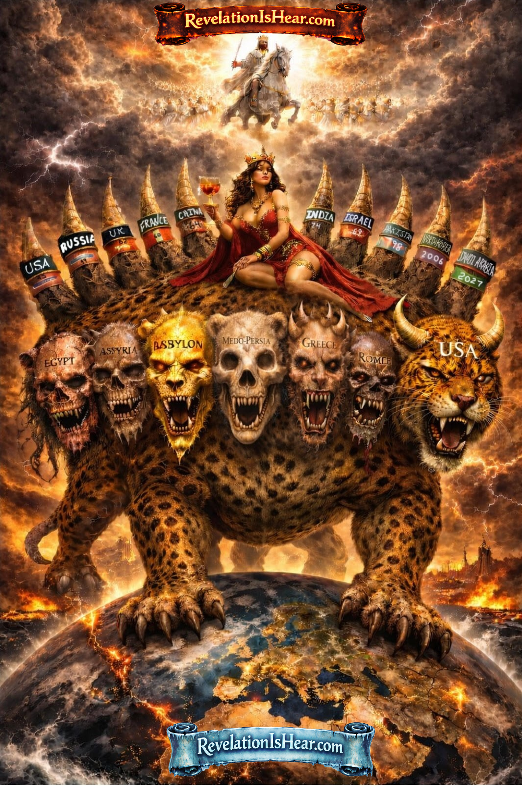 Seven-headed beast, woman with chalice, ten horns